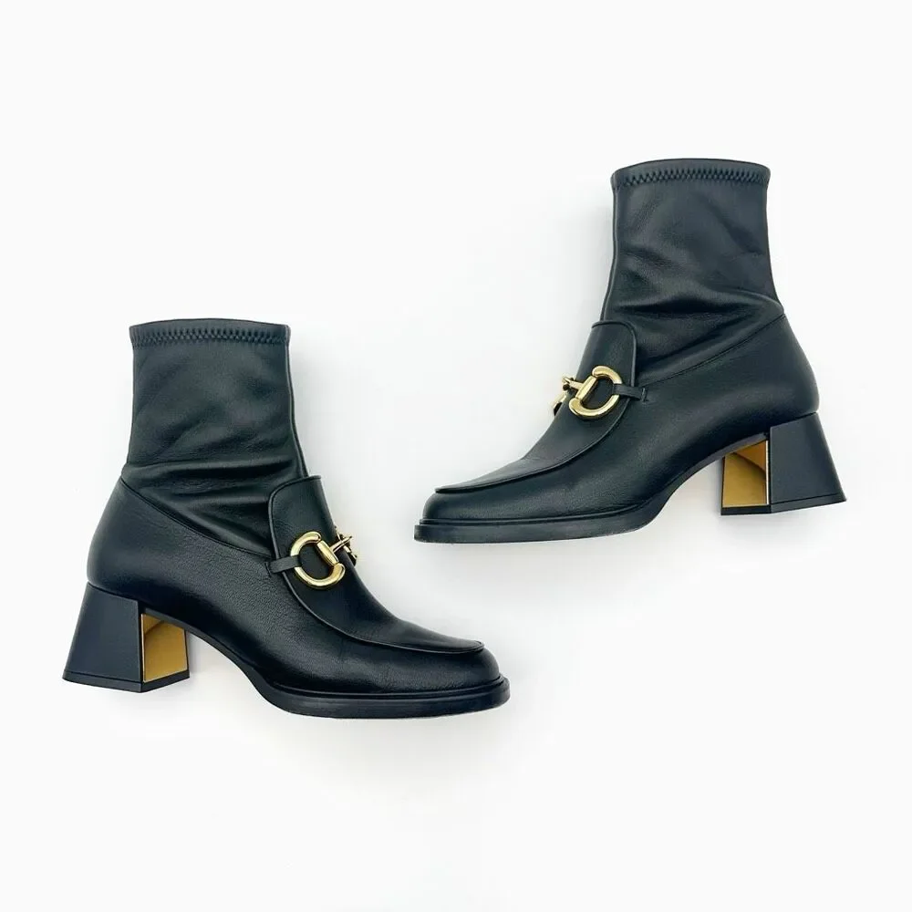 GUCCI Baby Bit Black Leather Boot Size 37 Mid Heel Bootie Square Toe Horsebit